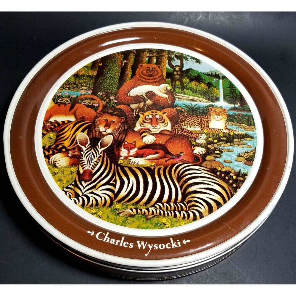 Olive Tin Charles Wysocki Art Collectable 1993. 9.5" Animals HTF VGC